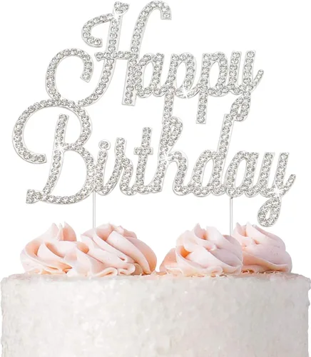 Decoración de pastel de feliz cumpleaños, metal plateado de alta calidad, decoración de diamantes de imitación brillantes para fiesta de feliz