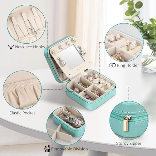 Miniatura 2 de Ailvy Organizador de joyas de viaje con espejo, joyero pequeño, portátil, estuche de joyería para aretes, anillos, collares, pulseras, regalo