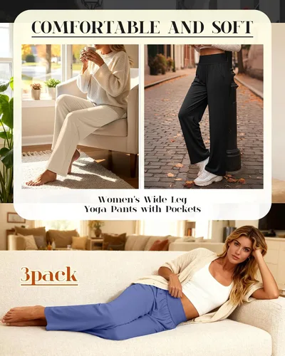 Miniatura 113 de Neer - Conjunto de 3 pantalones de yoga de pierna ancha para mujer - Pantalones deportivos cómodos, holgados, de cintura alta y casuales