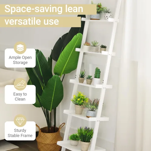 Miniatura 4 de Estantería de escalera de 5 niveles – Estante de almacenamiento, estante inclinado de pared, soporte de flores blanco independiente, estantería