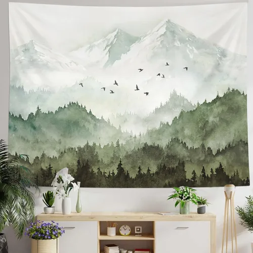 Miniatura 13 de kampdream Tapiz de bosque de montaña, tapiz de pared con diseño de árbol blanco y negro brumoso, paisaje de acuarela, tapiz de paisaje natural
