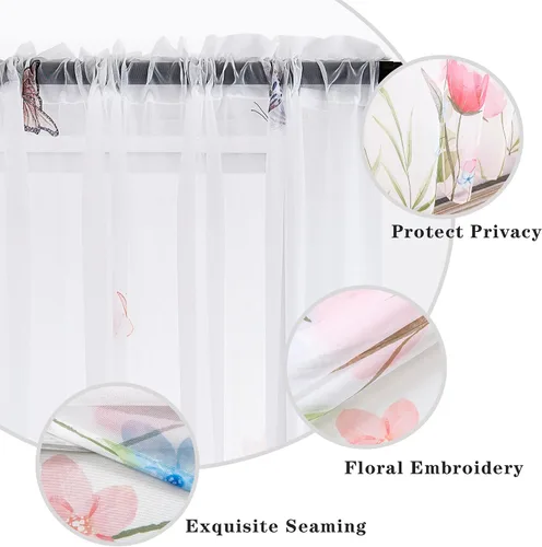 Miniatura 6 de youleyar Cortinas traslúcidas florales para sala de estar, 2 paneles de 54 pulgadas de largo, cortinas semitransparentes blancas con estampado