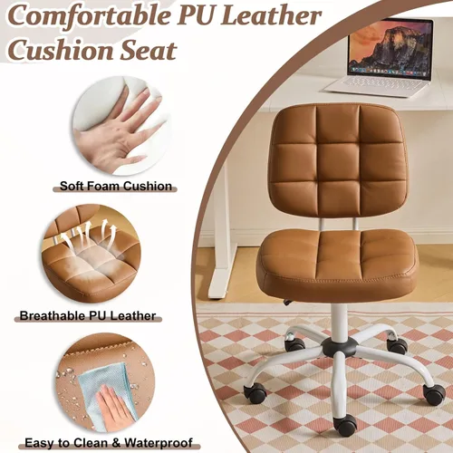 Miniatura 4 de VINGLI Silla de escritorio pequeña compacta, bonita silla sin brazos con ruedas, silla de tocador con respaldo bajo, silla de trabajo de altura Café