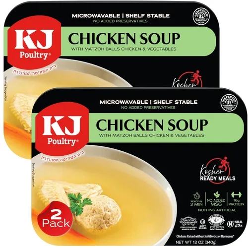 KJ Poultry Comidas preparadas Kosher – Sopa de pollo y verduras Matza Ball, CHOMETZ no para Pascua, comidas de carne MRE listas para comer, comida