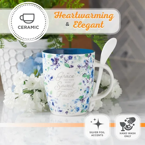 Miniatura 5 de Christian Art Gifts Juego de taza de café y té con cuchara de cerámica para mujer: By Grace You Have Been Saved - Efesios 2:8 Versículo de la Biblia