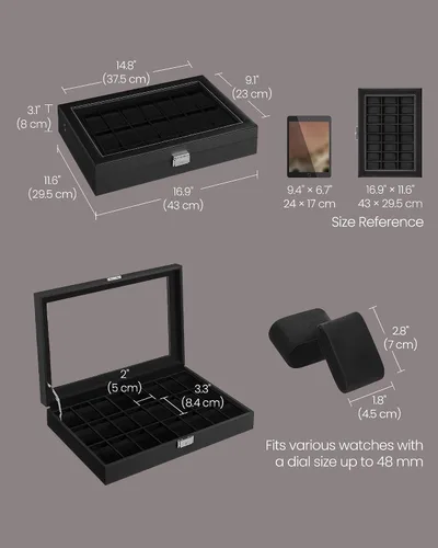 Miniatura 20 de SONGMICS 24 organizador y exhibidor negro de calidad superior, de vidrio, con funda para reloj, de piel sintética UJWB024