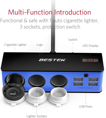 Miniatura 2 de BESTEK Divisor de encendedor de cigarrillos de 200 W con 4 x 2.4 A USB-A y adaptador de encendedor de cigarrillos de 3 enchufes para cámara de Blanco