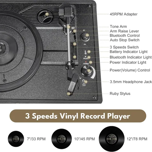 Miniatura 3 de Tocadiscos de vinilo portátil de 3 velocidades con Bluetooth con batería recargable, diseño retro de maleta, salida de línea Aux in/RCA y puertos