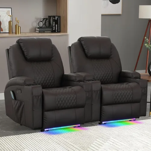 Miniatura 14 de Silla reclinable eléctrica con calor y masaje para adultos, asiento de cine en casa con luces LED, portavasos, bolsillo lateral, puerto USB, sofá