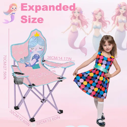 Miniatura 2 de KABOER Silla plegable para césped y camping para niños con portavasos y bolsa de transporte, sillas de camping para niños rosado sirena