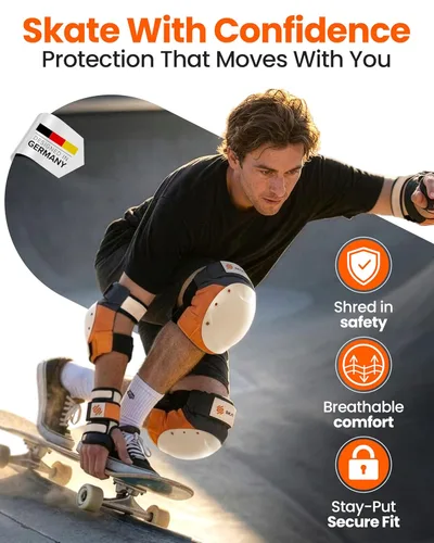 Miniatura 2 de Skatewiz Rodilleras y coderas para adultos - Equipo de protección para patinaje adulto - Escudo - Tamaño L Naranja - Almohadillas para patineta