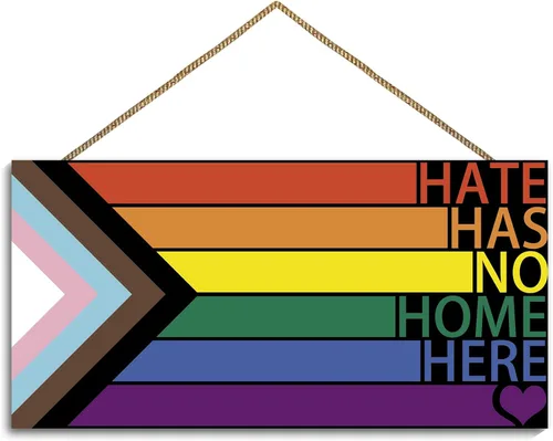 Miniatura 9 de Letrero LGBT de arco iris para puerta delantera, decoración de pared de madera con texto en inglés "Every One Is Welcome Here