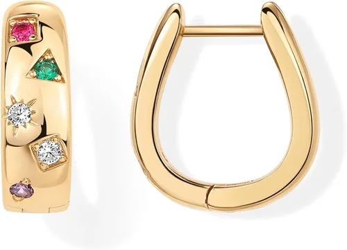 PAVOI Aretes de plata de ley 925 chapados en oro de 14 quilates para mujer, aretes de aro de circonita cúbica multicolor