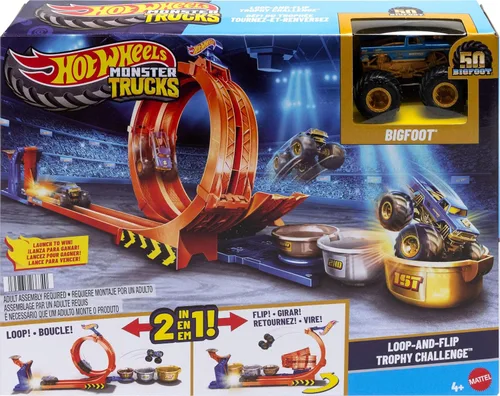 Miniatura 7 de Set de Camiones Juguetes Hot Wheels Monster Trucks y Pista, Juego de Desafío de Trofeo con Bucle y Volteó & Camión Bigfoot Aniversario 50 a Escala