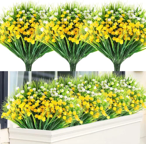 GREENRAIN 12 paquetes de flores artificiales de margaritas para exteriores, flores falsas para decoración que no se decoloran, flores de plástico