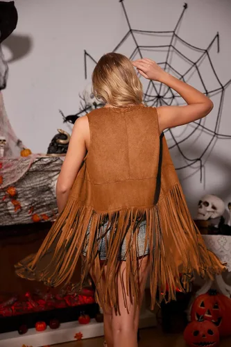 Miniatura 5 de HOTOUCH Women Fringe Vest 70s Hippie Costume Faux Suede Sleeveless Tassels Cardigan Cowgirl Western Tops
