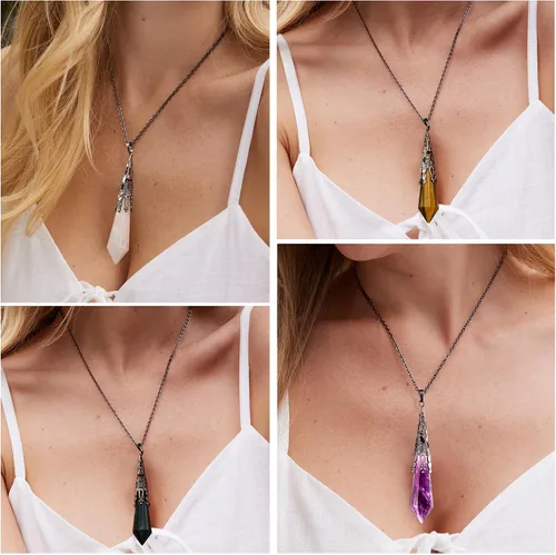 Miniatura 2 de Bivei Collar de chakra de latón antiguo retro con 12 prismas hechos de prisma con piedras preciosas de cuarzo y piedra curativa