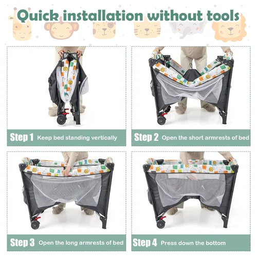 Miniatura 4 de BABY JOY Paquete y juego 5 en 1, cama de noche para bebé con moisés, cuna multifunción para recién nacidos hasta niños pequeños, cambiador de Gris