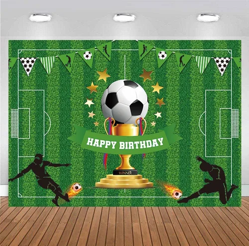 Miniatura 4 de Cartel de fondo de feliz cumpleaños de fútbol de 5 x 3 pies, decoraciones de fiesta temática deportiva para niños y niños, suministros de fiesta