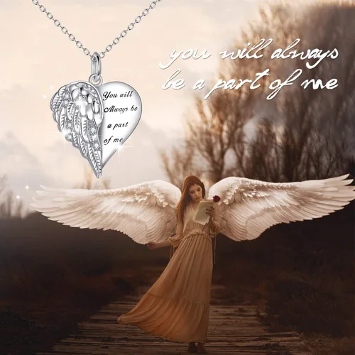 Miniatura 5 de YFN Collar de alas de ángel de la guarda con corazón en plata de ley, alas de ángel conmemorativas, joyería de condolencia para mujeres y niñas