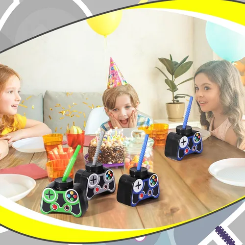 Miniatura 7 de Mifoci Vasos de plástico para fiestas de videojuegos, 12 unidades, con popote y tapa, 10 onzas, tazas temáticas de cumpleaños para jugadores, Gris