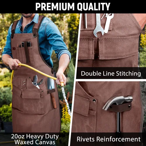 Miniatura 4 de Delantal de carpintería para hombres, delantal de trabajo de lona de 20 onzas con 9 bolsillos para herramientas, delantal de trabajo de madera Marrón