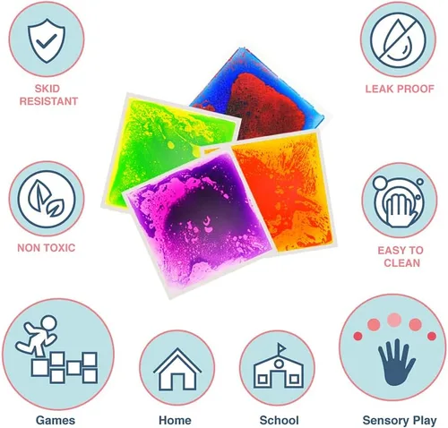 Miniatura 3 de Azulejos sensoriales para suelo, paquete de 4 (11.8 x 11.8 pulgadas cada uno), tapete de juego de azulejos líquidos coloridos para niños