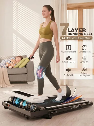 Miniatura 5 de ANCHEER Cinta de correr con inclinación del 12%/15%, almohadilla plegable con barra de asa, capacidad de 320-450 libras debajo del escritorio