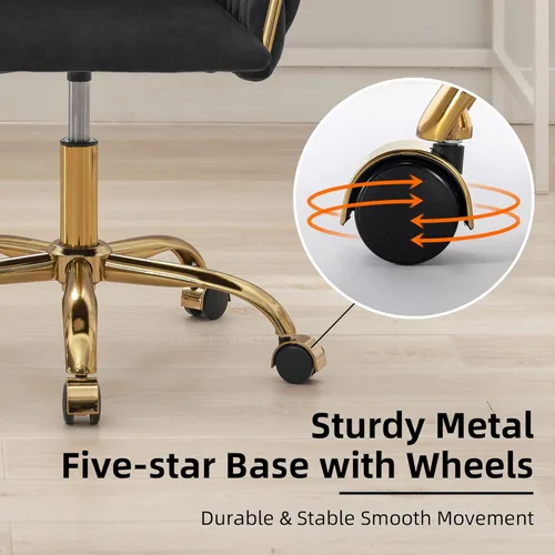 Miniatura 6 de ABET Silla de Escritorio de Terciopelo con Ruedas, Linda Silla de Oficina Giratoria Tapizada, Moderno Sillón Rodante Dorado Tejido a Mano con Altura