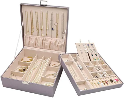 ProCase - Joyero grande de cuero con dos niveles para organizar aretes, pulseras, anillos, relojes, para mujeres, niñas, regalo ideal para novia o
