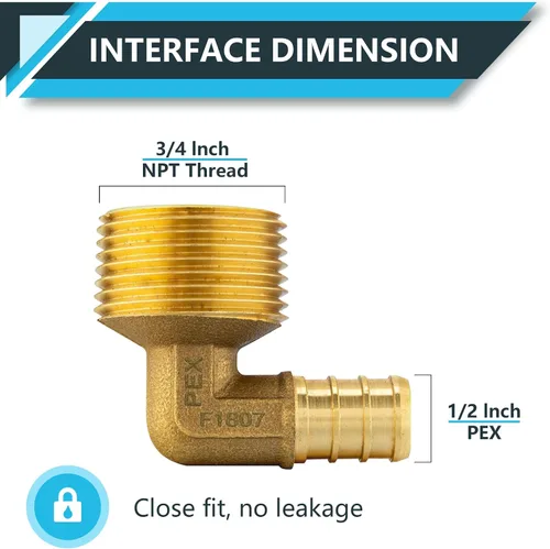 Miniatura 2 de Paquete de 5 accesorios PEX, adaptador de codo NPT roscado macho Pex de 1/2 pulgadas x 3/4 pulgadas, accesorios de engarce de latón, para tubería