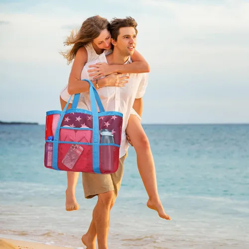 Miniatura 7 de F-color Bolsa de playa, bolsa de playa de malla de gran tamaño, 9 bolsillos, bolsa de toalla de playa