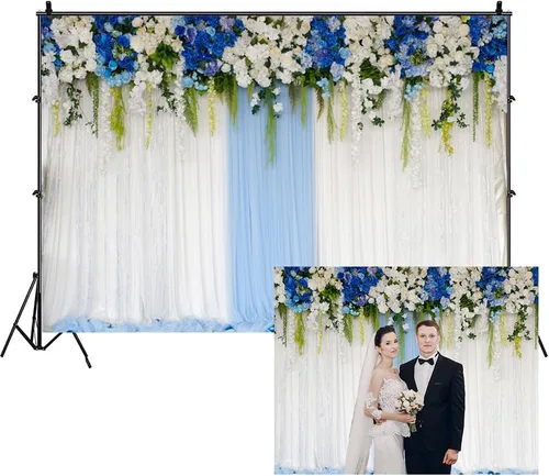 Miniatura 11 de AOFOTO Cortina de flores azules y blancas de 6 x 4 pies, telón de fondo de boda, romántico, cortinas de pared florales para novia, novio, damas