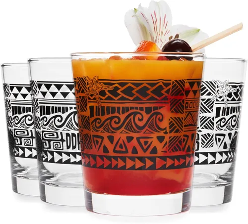 Libbey Tiki Rocks - Juego de 4 vasos de cristalería de estilo vintage, exóticos, aptos para lavavajillas para patio trasero o fiesta en la piscina