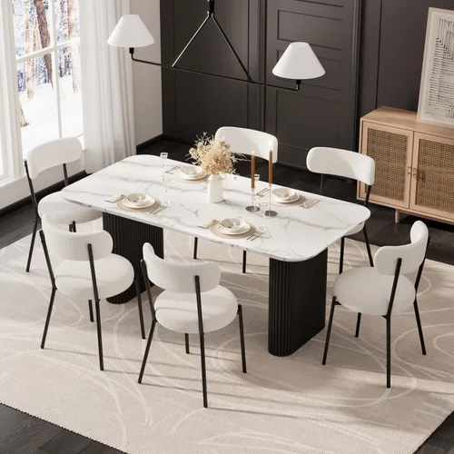 RGZ Juego de mesa de comedor oval moderna de 71", juego de mesa y sillas de 7 piezas para 6, juego de mesa de cocina de mármol sintético y 6 sillas