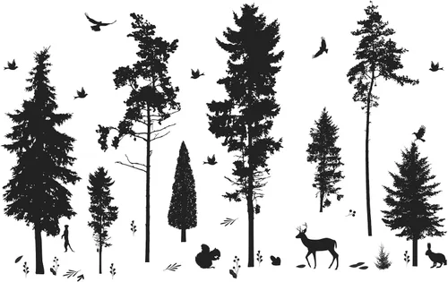 Miniatura 9 de Vinilo adhesivo de pared de pino, 9 árboles, ciervos, pájaros, conejos, bosques y naturaleza, removible de vinilo negro de alta calidad para niños