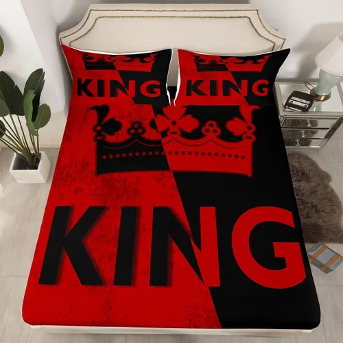 Miniatura 27 de Sábana bajera ajustable King Crown vintage negro y gris, sábanas románticas para el día de San Valentín, tamaño individual para mujeres, regalos