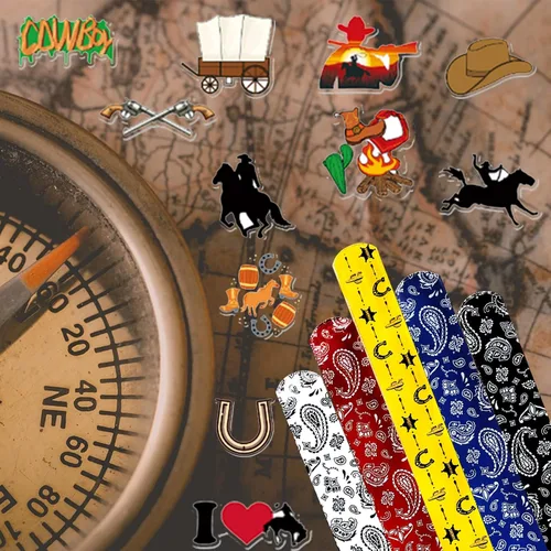 Miniatura 4 de CZWXOXO 74 piezas de recuerdos de fiesta de vaquero occidental, 24 pulseras de vaquero occidental, 50 calcomanías de vaquero occidental