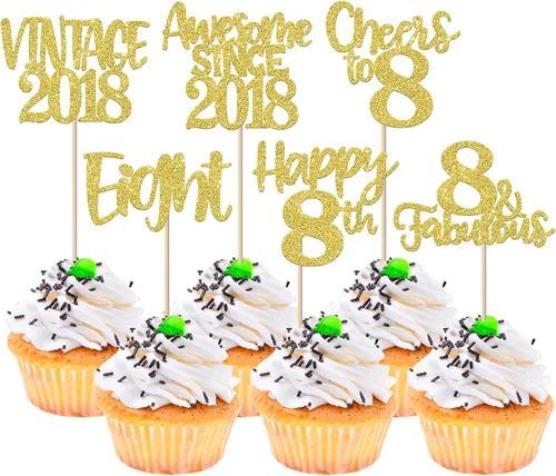 Miniatura 20 de Rsstarxi Paquete de 24 adornos para cupcakes vintage 2019 con purpurina negra para 5º cumpleaños, saludos a 5, cinco, 5, 5 fabulosos para cupcakes