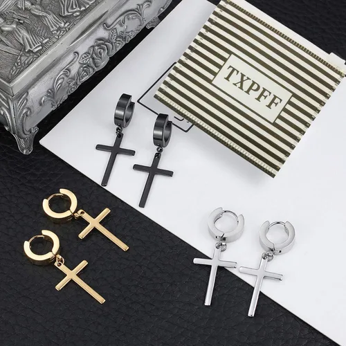 Miniatura 3 de Juego de aretes de cruz de acero inoxidable para hombre y mujer, aretes colgantes con bisagras, aretes de aro cruzados