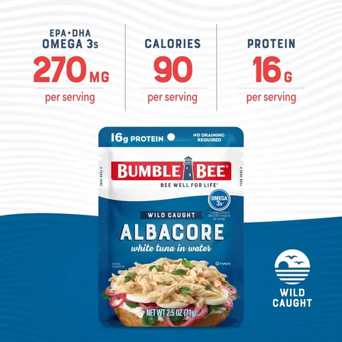 Miniatura 3 de Bumble Bee - Atún blanco de aleta Albacore en agua en sobres de 71 g - Paquete de atún capturado de forma salvaje listo para comer - 16 g