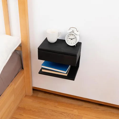 Miniatura 2 de Mesita de noche flotante lateral o mesa auxiliar con cajón de almacenamiento, estante de noche de madera, mesa flotante hecha a mano, estante