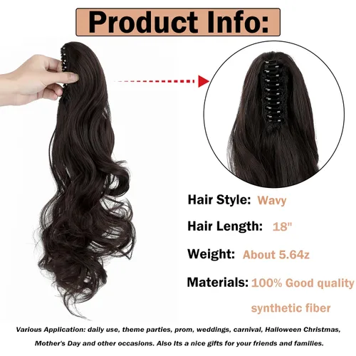 Miniatura 2 de Extensión de cola de caballo con clip de garra, extensiones de cabello ondulado de 18 pulgadas, cola de caballo larga para mujer, extensiones