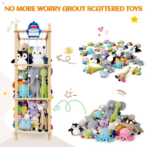 Miniatura 3 de Organizador grande de almacenamiento de animales de peluche y juguetes, 3 capas de 54 pulgadas de madera, lindo soporte de juguetes de zoológico