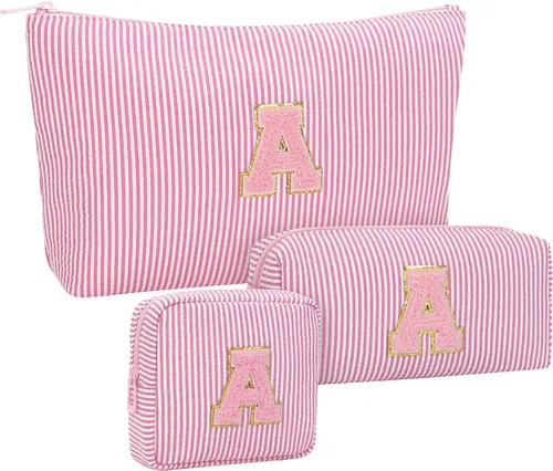 Miniatura 32 de Juego de bolsas de maquillaje con iniciales para niñas y mujeres, bolsa de cosméticos con monograma con soporte para cepillos, estuche de maquillaje