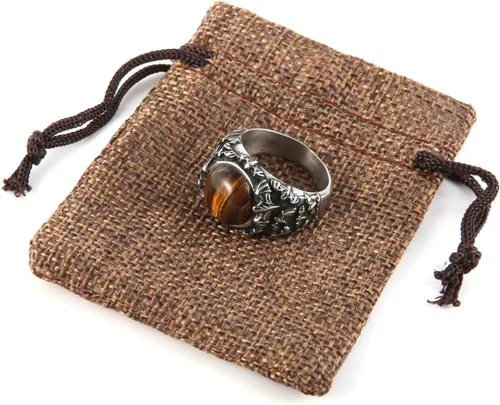 Miniatura 7 de HZMAN Anillo de boda retro de acero inoxidable gótico con piedra de ojo de tigre, turquesa, talla 7-14