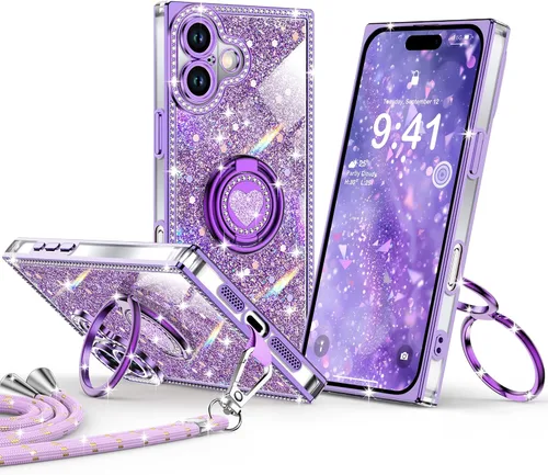 Miniatura 44 de XYZ Funda para iPhone 13, con purpurina brillante con soporte de corazón de 2 anillos y cordón, funda protectora a prueba de golpes con diamantes