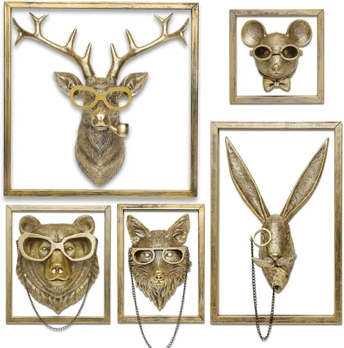 Miniatura 6 de Newinhome Paquete de 5 cabezas de animales para decoración de pared (marco de metal de regalo), esculturas de animales de resina, decoración