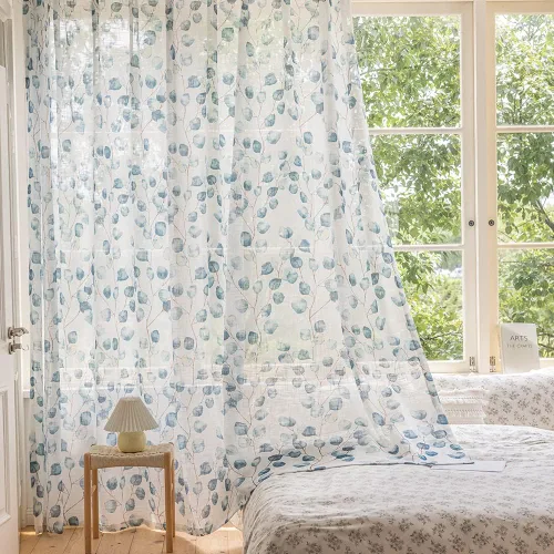 Miniatura 4 de SUOUO Cortinas blancas semitransparentes con hojas azules para dormitorio, comedor, sala de estar, lino texturizado de 84 pulgadas de largo