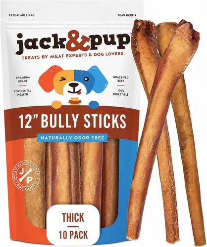 Jack&Pup Bully Sticks de 12 pulgadas para perros (paquete de 10) masticables extra gruesos para perros de larga duración, sin olor, de un solo